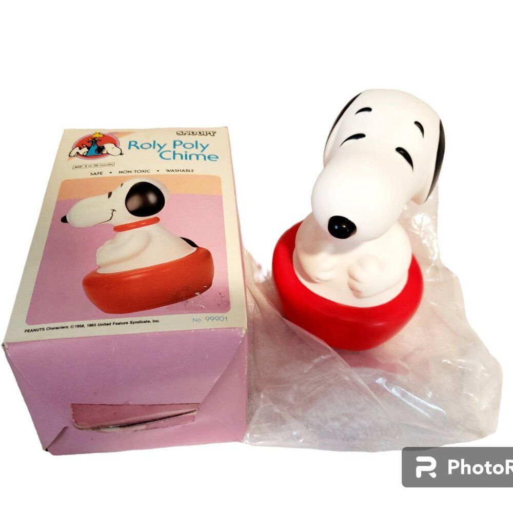 1980s Vintage Snoopy Peanuts Roly Poly Chime Toy Plastic w/Box Baby/Child Toy